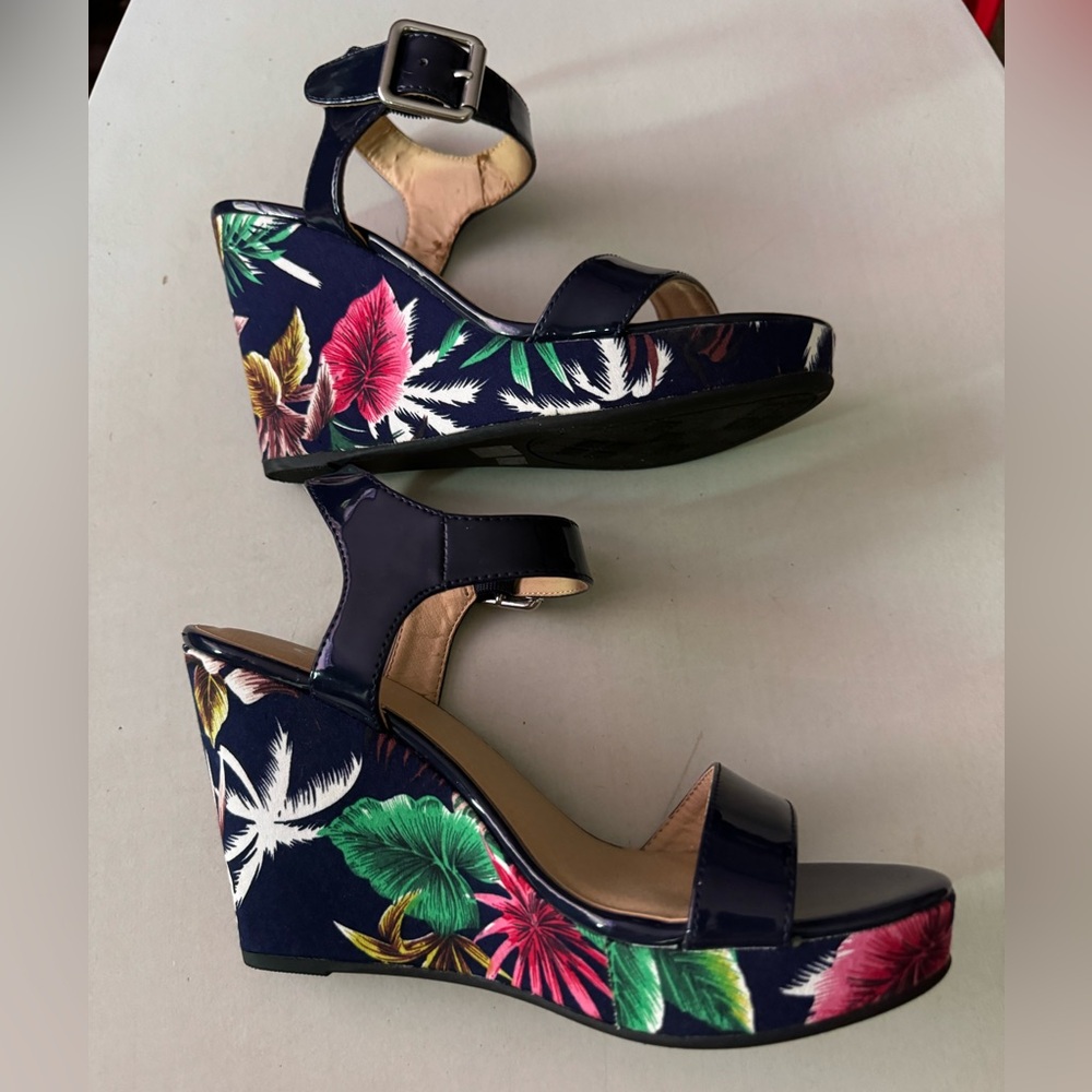 CL by Laundry, size 7-1/2 wedges. Navy blue straps. - Picture 1 of 8